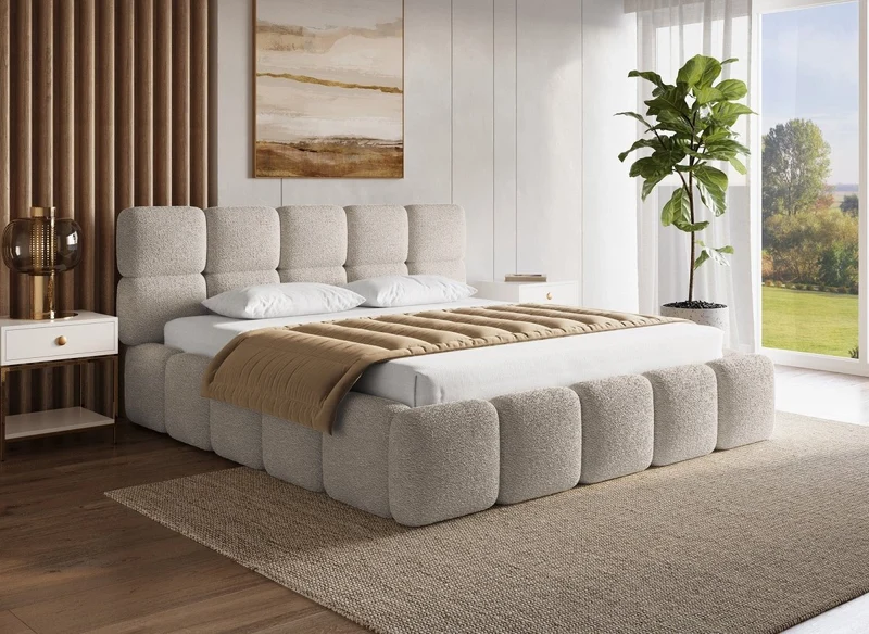 Cama con almacenaje BUBBLE de tela bouclé color topo, 180x200 cm