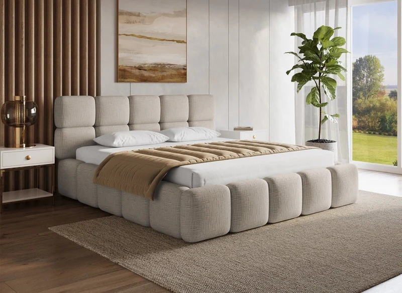 Cama de almacenaje BUBBLE de 180x200 cm en terciopelo jaspeado color topo