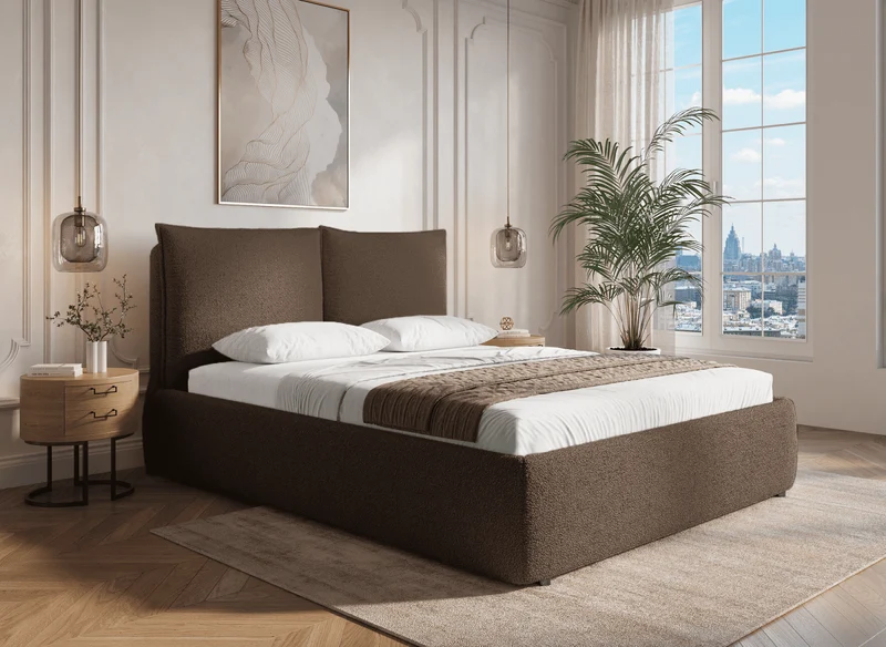 Cama con almacenaje MELY de tela bouclé marrón, 160x200 cm