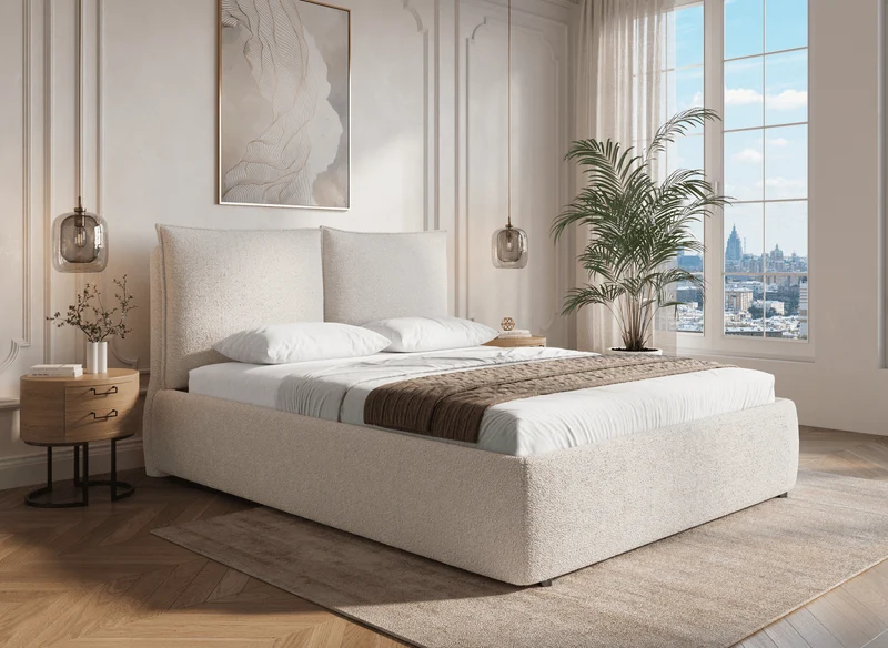 Cama con almacenaje MELY tapizada en bouclé beige de 140x190 cm
