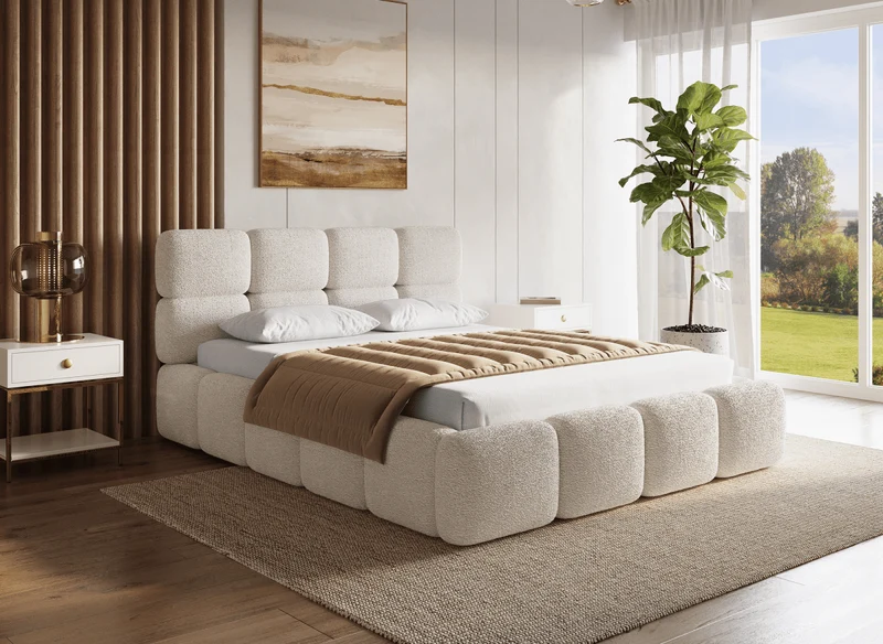Cama con almacenaje BUBBLE de tela de rizo color beige, 160x200 cm