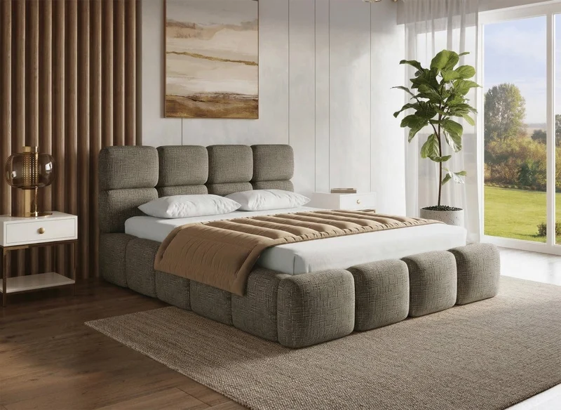 Cama BUBBLE de 160x200 cm en terciopelo jaspeado verde oliva con almacenaje