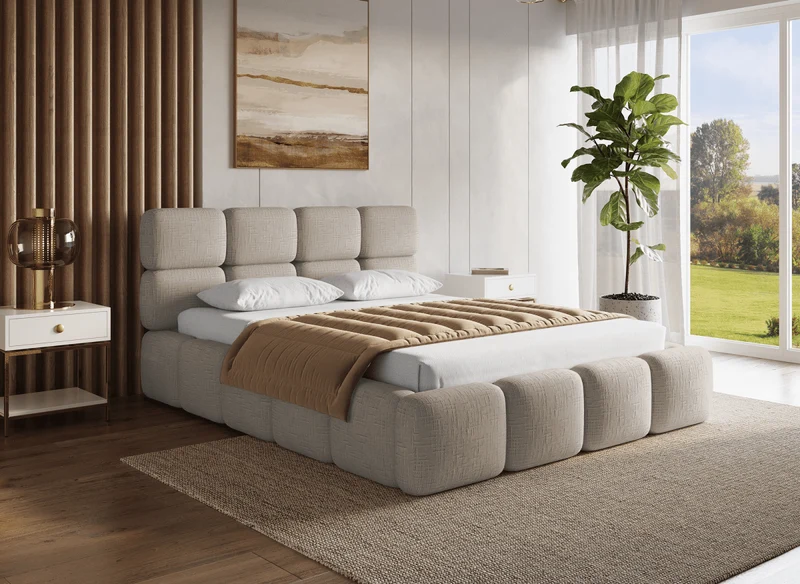 Cama con almacenaje BUBBLE de terciopelo jaspeado color topo, 140 x 190 cm