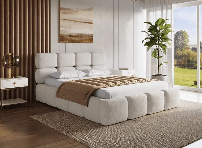 Cama de almacenaje BUBBLE de terciopelo jaspeado beige de 160x200 cm