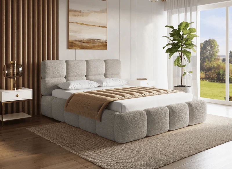 Cama con almacenaje BUBBLE de tela de rizo color topo, 160x200 cm