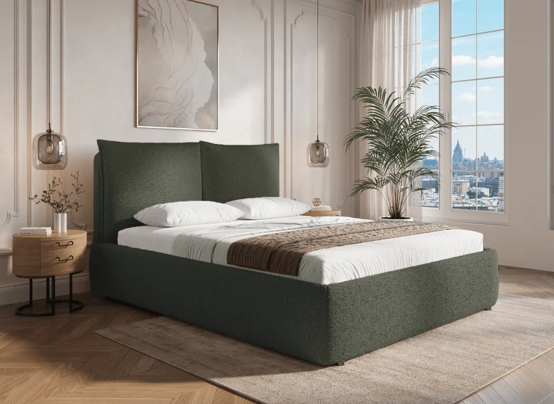 Cama con almacenaje MELY de tela bouclé verde oliva, 140 x 190 cm