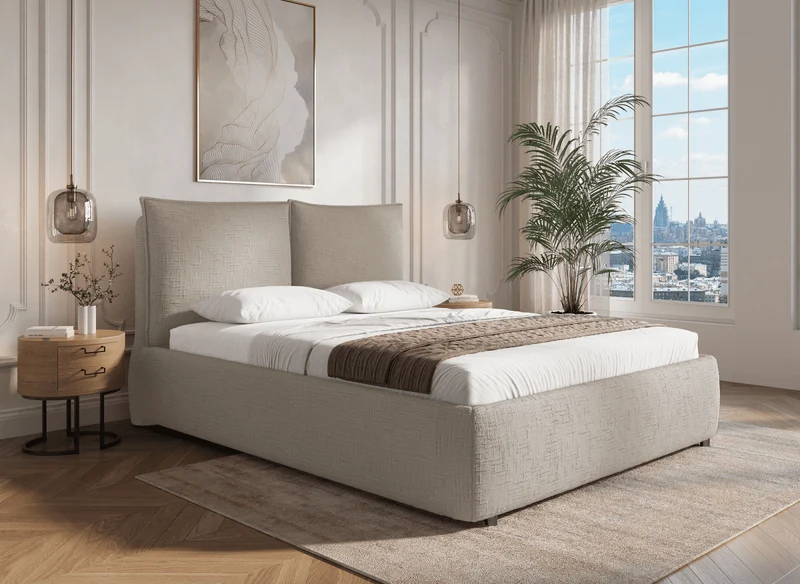 Cama con almacenaje MELY de terciopelo jaspeado color topo, 180x200 cm