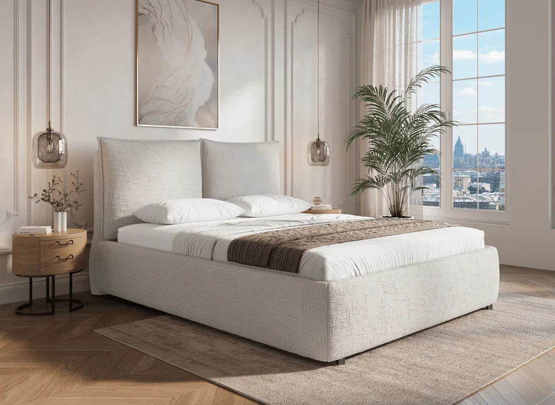 Cama con almacenaje MELY de terciopelo jaspeado beige, 140 x 190 cm
