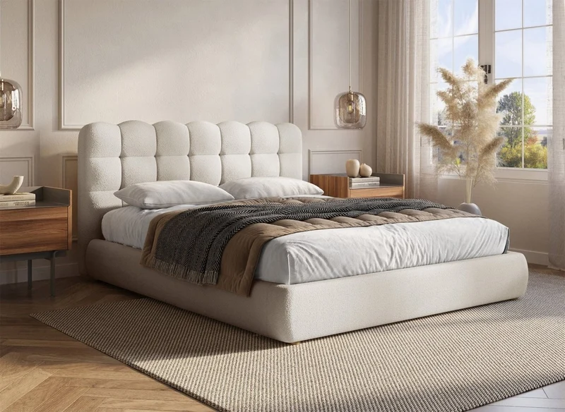 Cama contenedor de tela bouclé beige galleta 140x190 cm