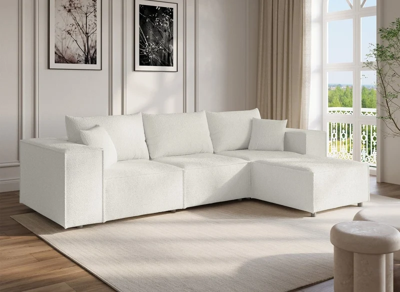 Sofá esquinero modular HARLEM en tejido efecto piel de oveja color blanco hueso