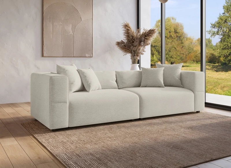Sofá fijo de 4 plazas EVELYNE en tejido beige