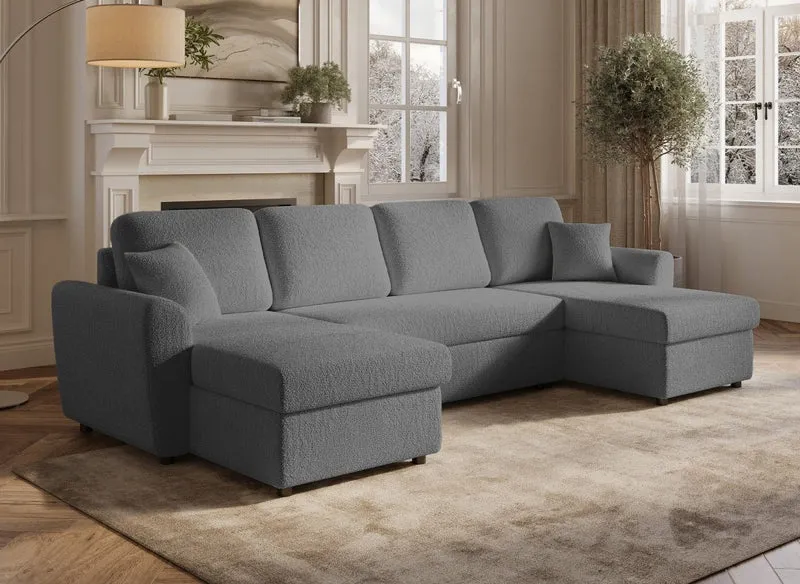 Sofá convertible panorámico ADRYEN con compartimentos de almacenamiento en tejido bouclé gris