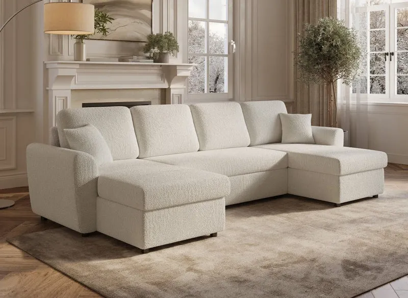 Sofá convertible panorámico ADRYEN con compartimentos de almacenamiento en tejido bouclé beige