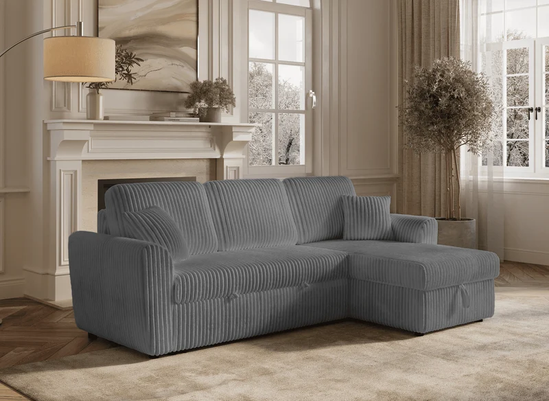 Sofá esquinero convertible y reversible ADRYEN con almacenaje en pana gris gruesa