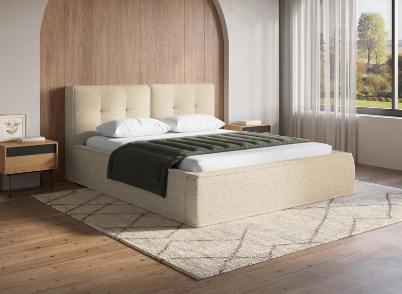 YUNA Cama contenedor de tela bouclé beige 180x200 cm