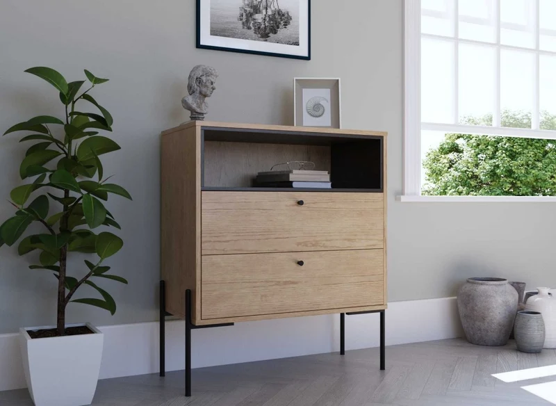 Cómoda SOHANE de 2 cajones en madera clara y metal negro
