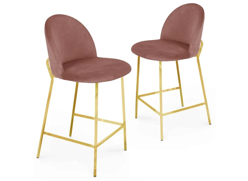 Juego de 2 taburetes de bar de diseño ARABEL en terciopelo rosa