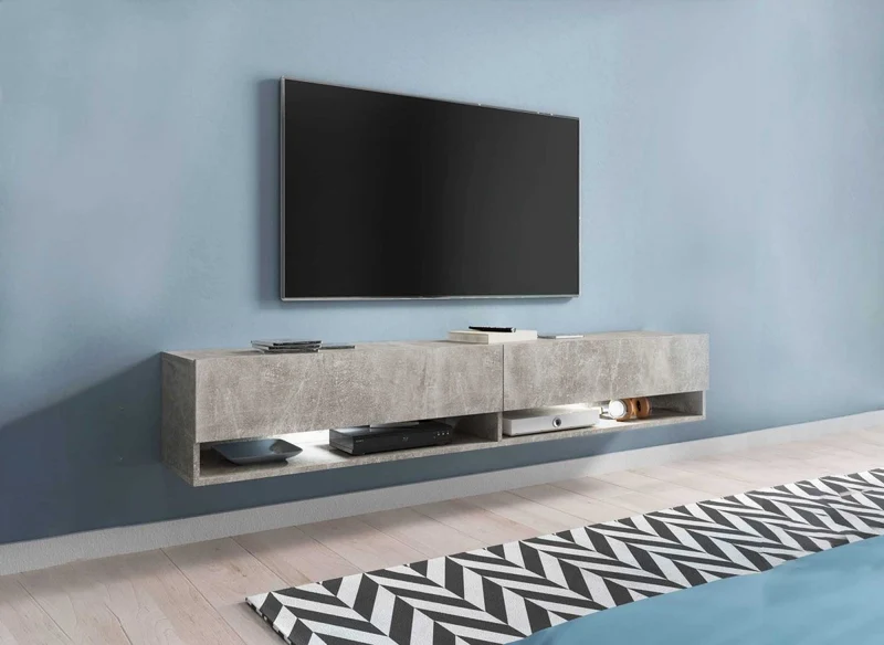 Mueble de TV mural ROMANE XXL con 2 puertas y 2 nichos, gris hormigón - 180 cm
