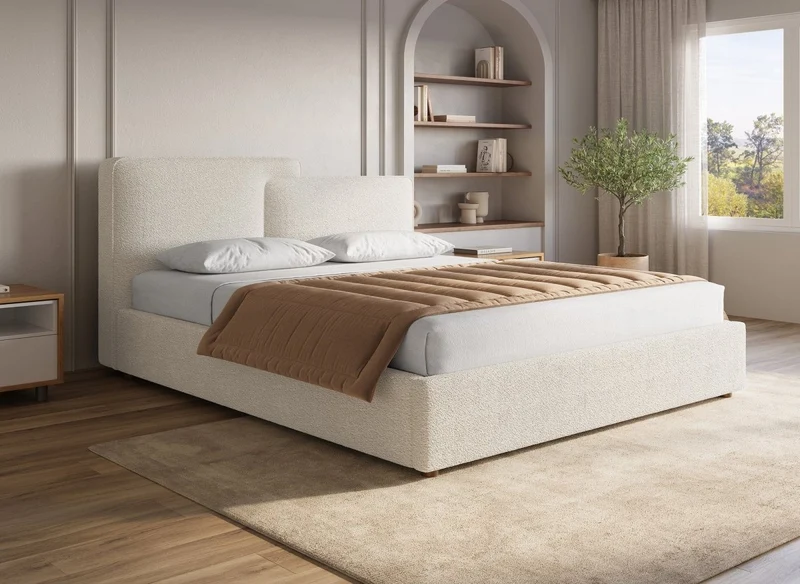 ZELIA Cama contenedor de tela bouclé beige 160x200 cm