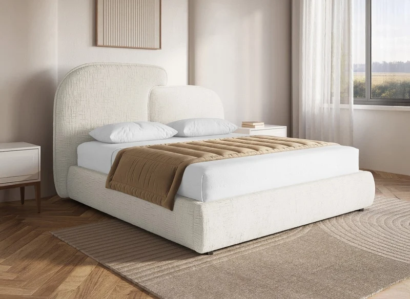 Cama con almacenaje MILENA de terciopelo jaspeado beige de 140x190 cm