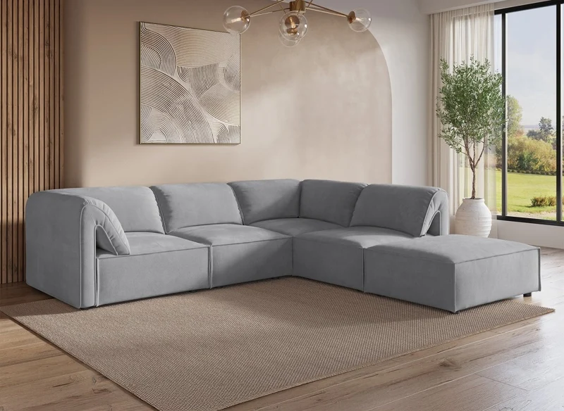 Sofá esquinero modular HARINA en terciopelo gris