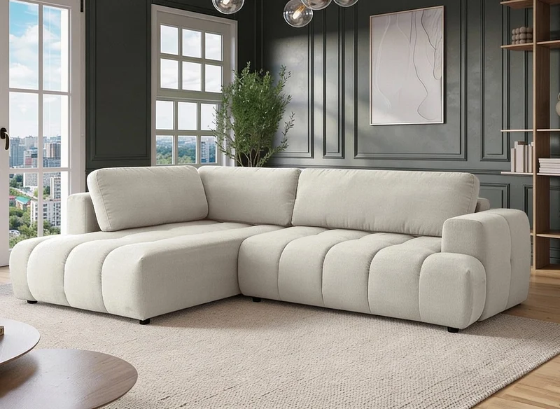 Sofá esquinero convertible HAVEN con almacenaje en tela beige - Esquina izquierda