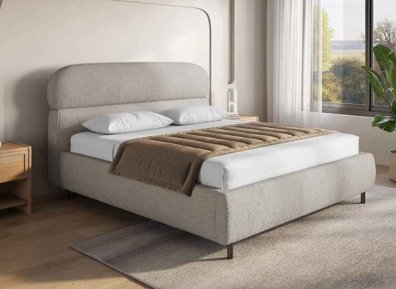 Cama con almacenaje MELO de terciopelo jaspeado color topo, 160x200 cm