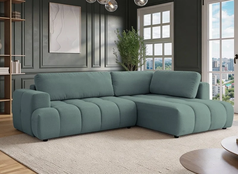 Sofá esquinero convertible HAVEN con almacenaje en tela verde oliva - Esquinero derecho