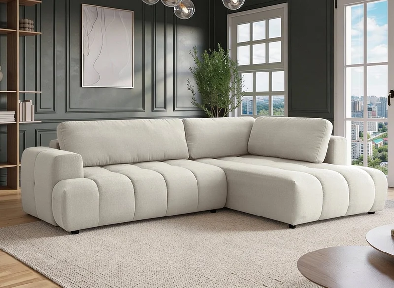 Sofá esquinero convertible HAVEN con almacenaje en tela beige - Esquinero derecho