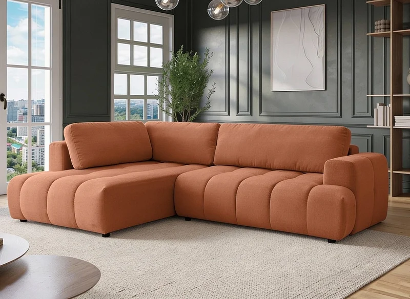 Sofá cama esquinero HAVEN de tela color terracota con almacenaje - Esquina izquierda