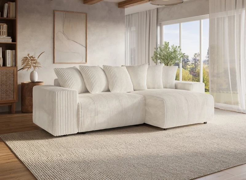 Sofá cama esquinero reversible NOELIA con almacenaje en pana gruesa color beige