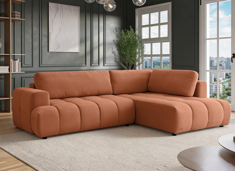 Sofá cama esquinero HAVEN de tela color terracota con almacenaje - Esquina derecha
