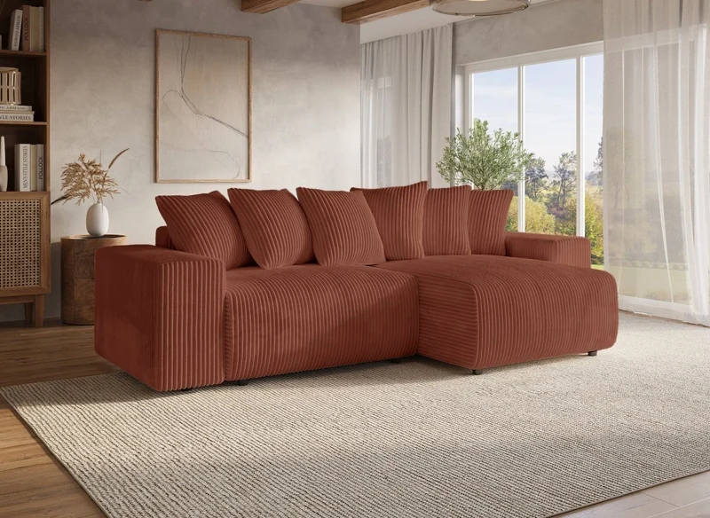 Sofá cama esquinero reversible NOELIA con almacenaje en pana gruesa color terracota