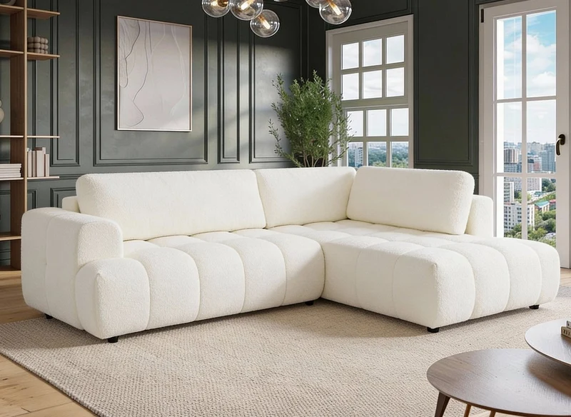 Sofá esquinero convertible HAVEN con almacenaje en tela bouclé color crudo - Esquinero derecho