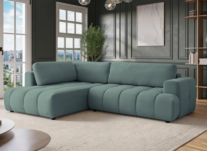 Sofá esquinero convertible HAVEN con almacenaje en tela verde oliva - Esquina izquierda
