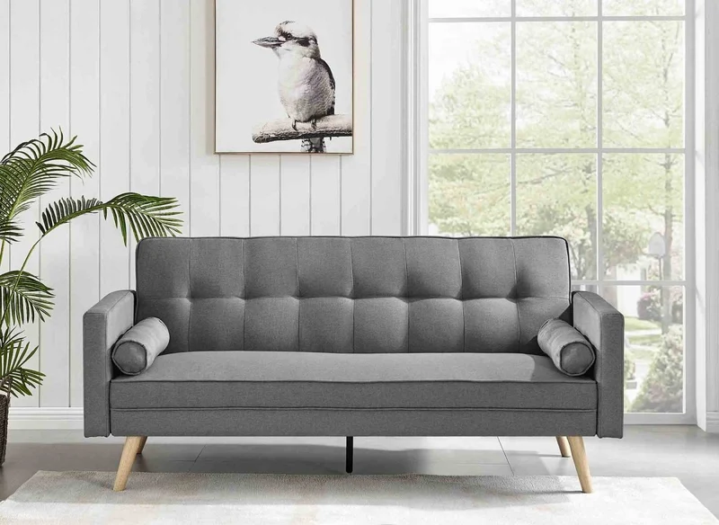 Sofá cama TANIA de tela gris con mecanismo clic-clac