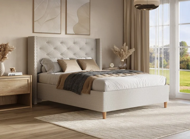 Cama doble tapizada MARGOT color beige, 160x200 cm