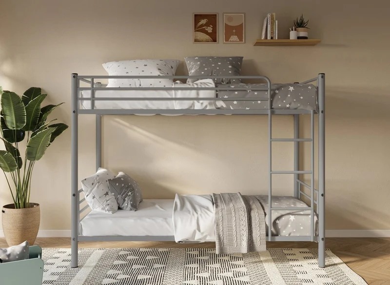 Litera doble de metal gris, 90 x 190 cm + somieres de láminas