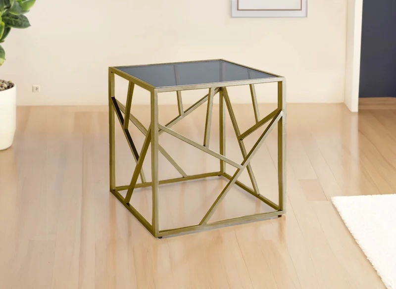 Mesa de centro cuadrada de diseño SOLAL en cristal negro y metal dorado