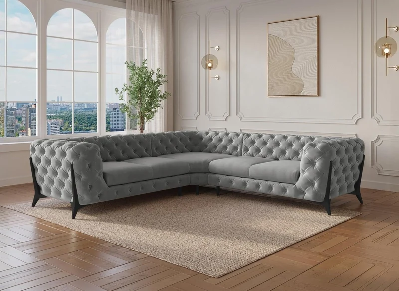 Sofá esquinero fijo CARMEN, estilo Chesterfield capitoné, terciopelo gris