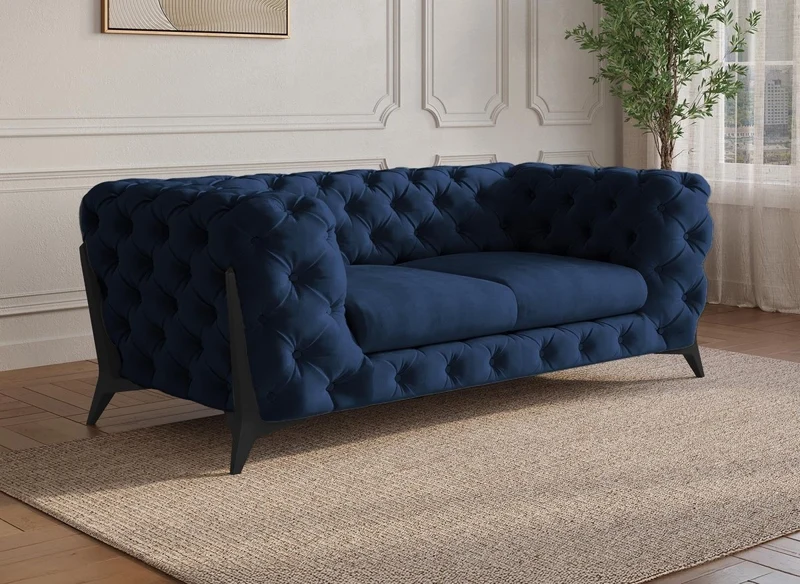 Sofá fijo CARMEN de 2 plazas, estilo Chesterfield capitoné, terciopelo azul