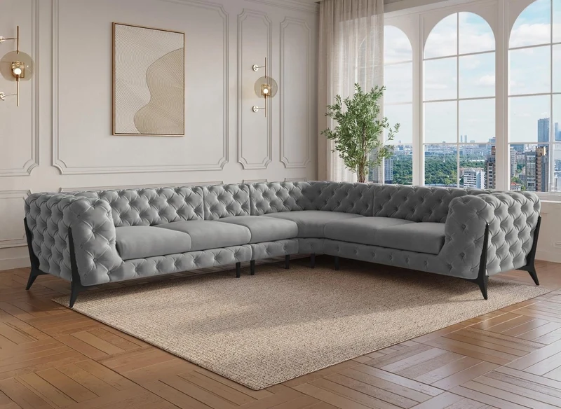 Sofá esquinero reversible CARMEN Chesterfield capitoné en terciopelo gris