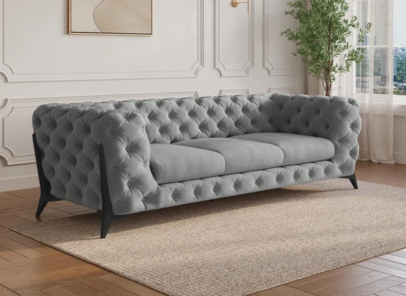 Sofá fijo CARMEN de 3 plazas, estilo Chesterfield capitoné, terciopelo gris