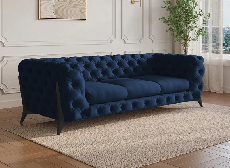 Sofá fijo CARMEN de 3 plazas, estilo Chesterfield capitoné, terciopelo azul