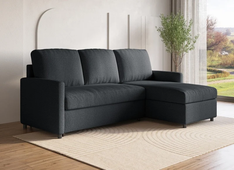 Sofá cama esquinero reversible ADAM con compartimento de almacenamiento en tela gris antracita