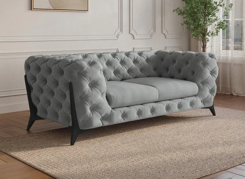 Sofá fijo CARMEN de 2 plazas estilo Chesterfield capitoné, terciopelo gris