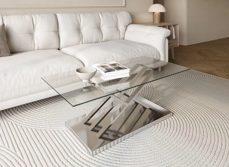 Mesa de centro rectangular de diseño NELLA con patas geométricas plateadas