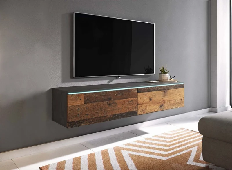 Mueble de TV contemporáneo en antracita y roble con iluminación LED y 2 puertas, MALORIE - 180 cm