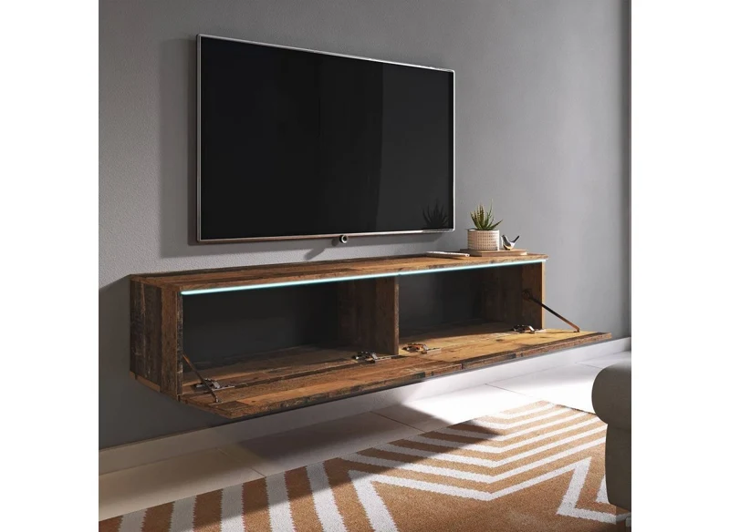 Mueble TV contemporáneo de roble envejecido oscuro con LED 2 puertas MALORIE - 180 cm