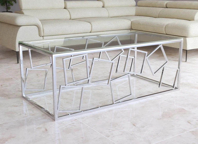 Mesa de centro rectangular de diseño ARVI en vidrio y metal plateado